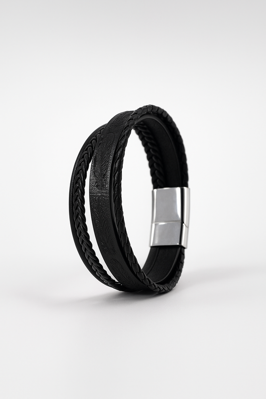 Vintage Handcrafted Bracelet Black Leather Magnetic Clasp For (men) BR0056
